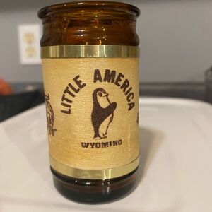 Vintage Souvenir 3” Little America Wyoming Amber Glass Wooden handle & Label